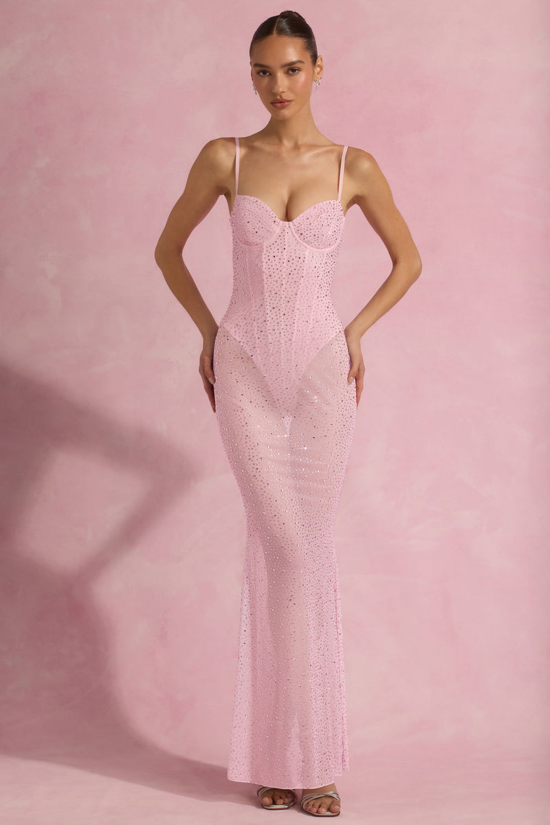 Semi-Sheer Embellished Corset Gown in Pink