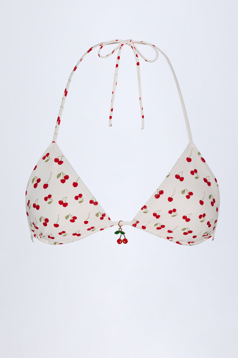 Charm-Detail Triangle Bikini Top in Cherry Print
