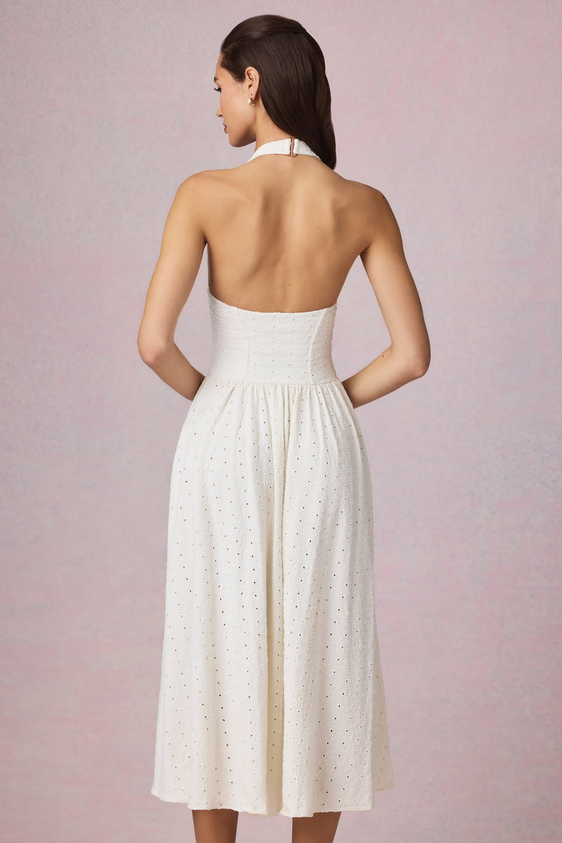 Broderie Anglaise Halterneck Midaxi Dress in White