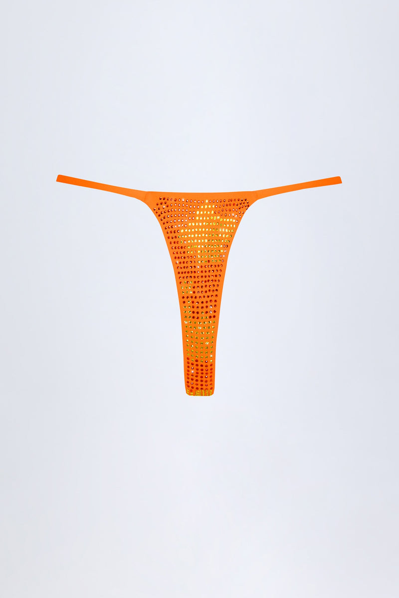 Embellished Thong Bikini Bottoms in Orange Tropical Hotfix