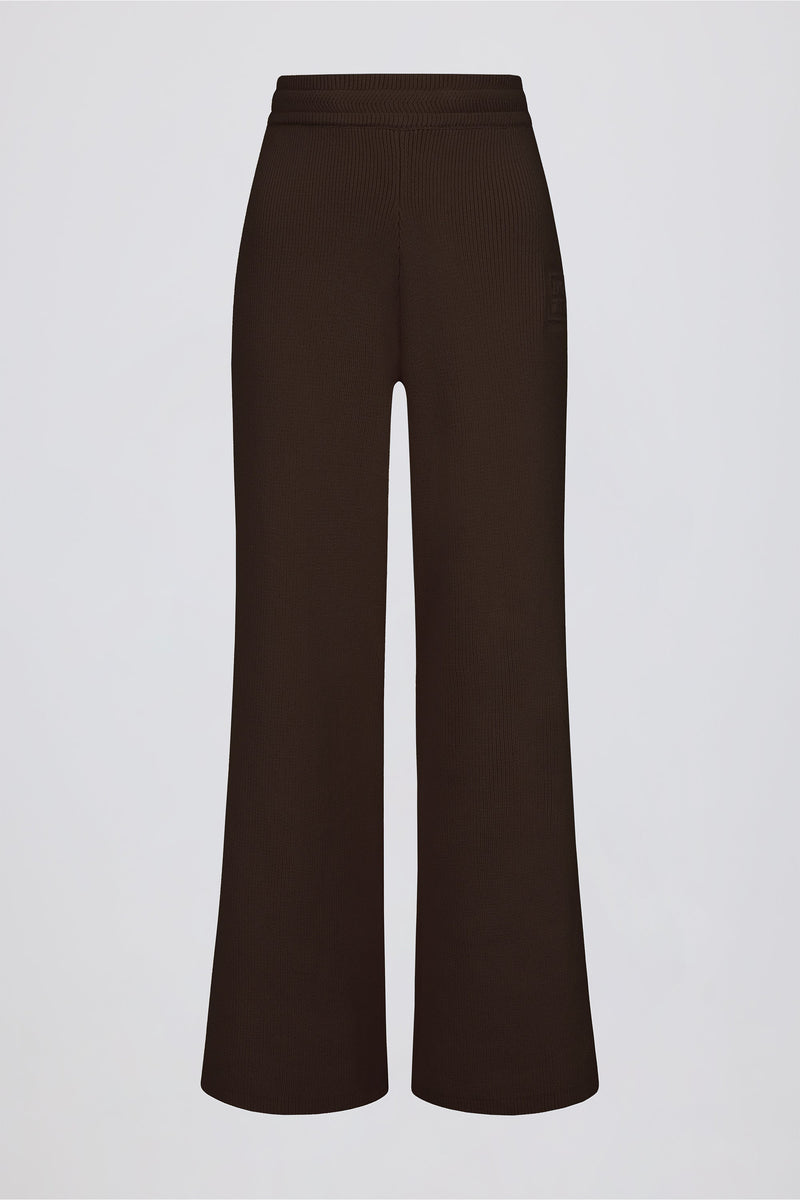 Ribbed-Knit Wide-Leg Joggers in Pecan
