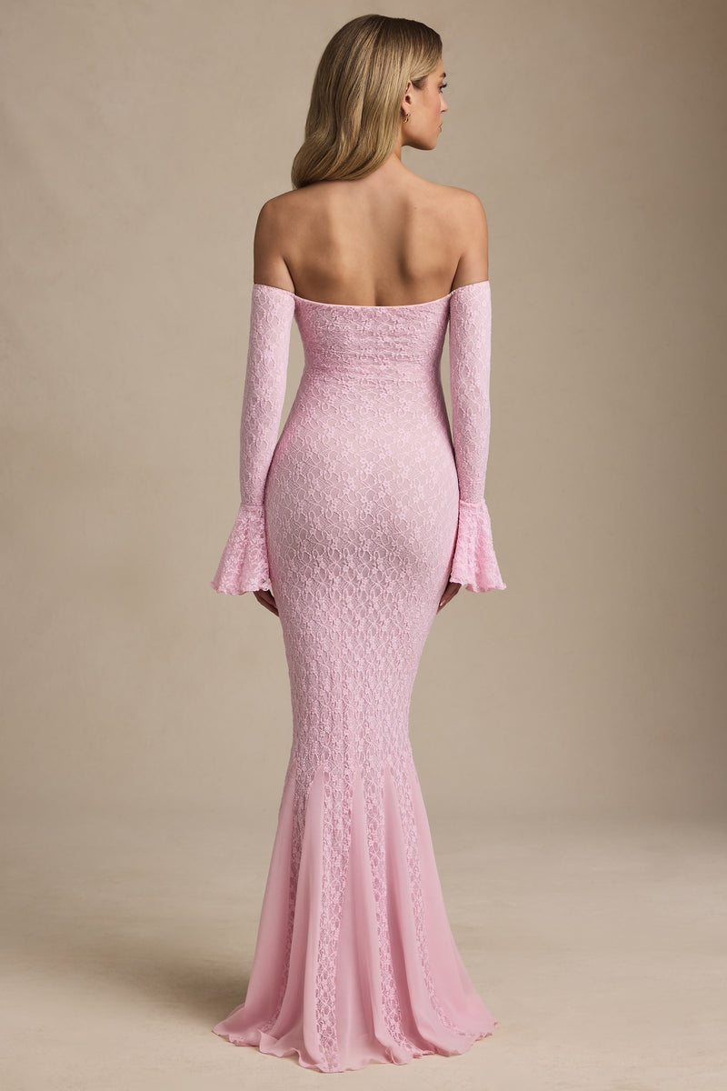 Off-Shoulder Ruffle Lace Maxi Dress in Soft Pink