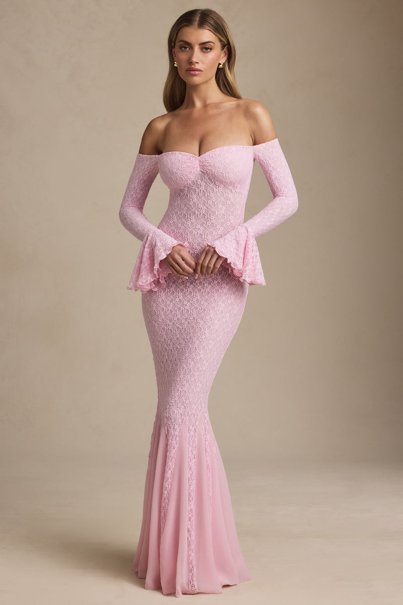 Off-Shoulder Ruffle Lace Maxi Dress in Soft Pink